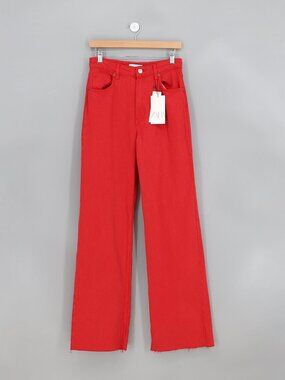 NWT ZARA Wide Leg Raw Hem Jeans in Red Size 6